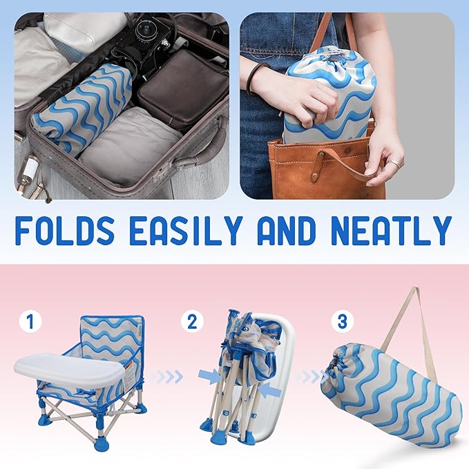 Tiny Marvels Portable 3-in-1 Baby Chair, Cozy Booster Seat, Baby Seat with Tray, Compact Foldable, Toddler Chair with Child Safety Belt Carry Bag, Perfect for Travel (Big Waive)