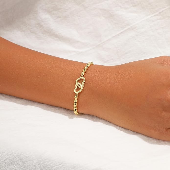 Gold Bracelets for Women, Cute 14K Gold/Silver Plated Stretch Beaded Bracelets for Women Trendy Stackable Charm Bracelet Dainty Adjustable Waterproof Non Tarnish Jewelry Gifts for Her