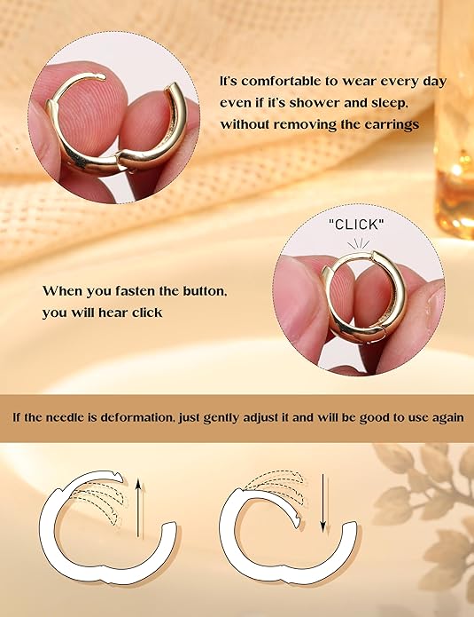 14K Gold Plated Hoop Earrings Set for Women - 3Pairs Chunky 14K Gold Plated Silver Huggie Earrings Small Earrings Lightweight Hypoallergenic MultiColored CZ Hoop Earrings Stacks for Multiple Piercing