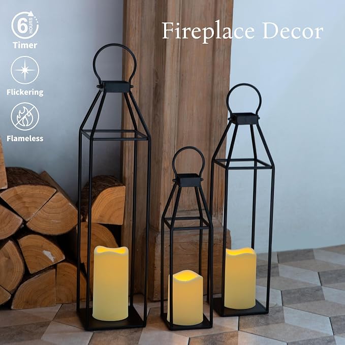 Perfnique Set of 3 Black Metal Lanterns w/ Waterproof Flickering Flameless - Image 3