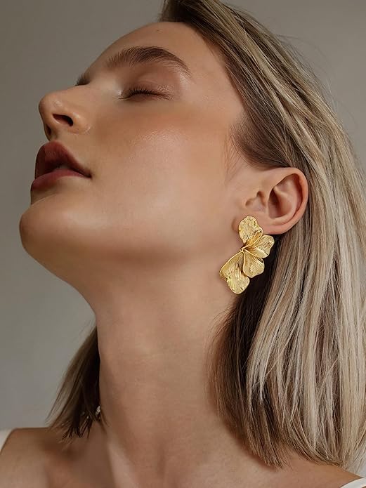 Chunky Gold Statement Earrings For Women Gold Plated Sectored Flower Leaf Shell Angel Wing Earrings Trendy Boho Jewelry For Women Large Stud Earrings Hypoallergenic Earrings