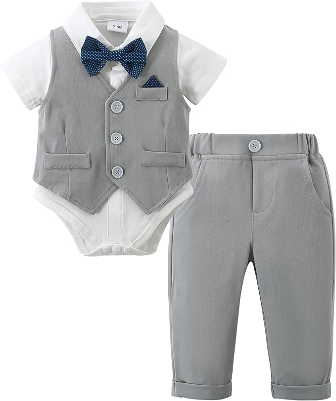 DISAUR Baby Boy Clothes Toddler Boy Outfits 4PCS Gentleman Dress Romper/Vest/Pants/Bow Tie Cotton Suit Sets