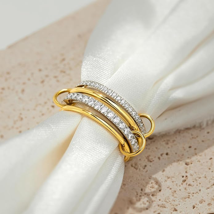 Gelbesty Stackable Gold Silver Band Rings for Women, Statement Chunky Cubic Zirconia Rings, Fashion Unique Designer Mixed Metal Jewelry Size 5/6/7/8/9/10/11