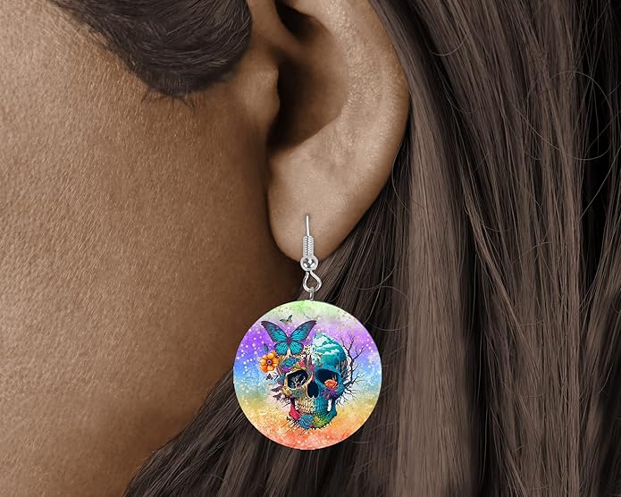 Round Wood Earrings Light Weight Printed Image Dangle Jewelry