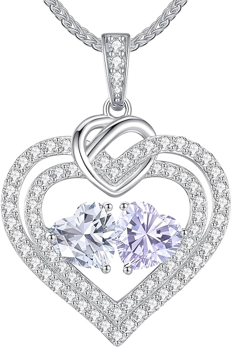 LOUISA SECRET Sparkling Double Heart Birthstone Necklaces for Women, 925 Sterling Silver Fine Jewelry, Pendant Heart Necklaces Birthday Anniversary Christmas Gift for Women Wife Mom Girlfriend Lady