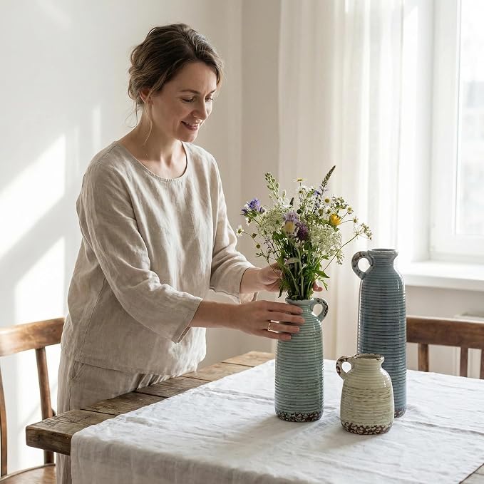 Ceramic Vase Set of 3 with Handles, Versatile as Table Centerpiece or Mantel & - Image 4