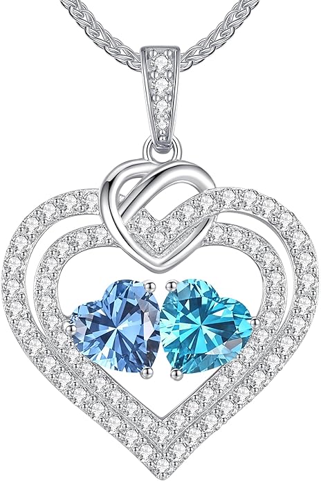 LOUISA SECRET Sparkling Double Heart Birthstone Necklaces for Women, 925 Sterling Silver Fine Jewelry, Pendant Heart Necklaces Birthday Anniversary Christmas Gift for Women Wife Mom Girlfriend Lady