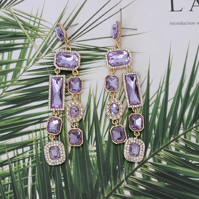 Vintage Rectangle Teardrop Chandelier Earrings, Art Deco Wedding Austrian Crystal Drop Dangle Earrings for Women Party Prom