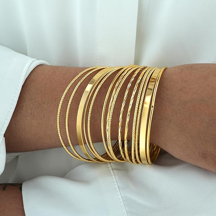 ÌF ME Gold Bangle Bracelets for Women, Indian Bangles Stackable Set, Multi Layer Textured 14K Gold Plated Chunky Bracelets Boho Jewelrys Set