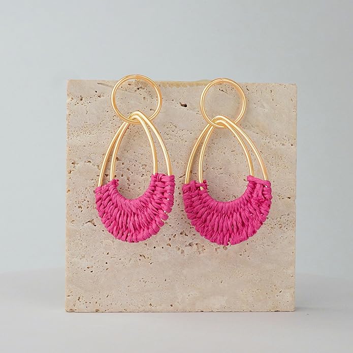 Raffia Hoop Earrings for Women Fun Boho Summer Beach Earrings Lightweight Handmade Straw Wicker Rattan Dangle Earrings Statement Geometric Round Drop Earrings