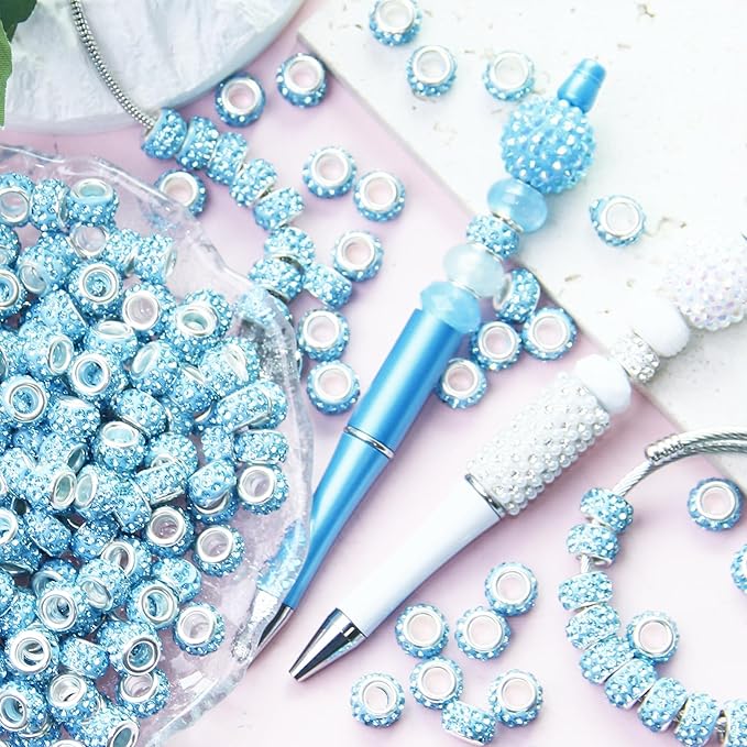 150Pcs Rhinestone Large Hole Beads Spacer Beads Sky Blue European Craft Big Beads Large Hole Rhinestones Lampwork Murano Bead Fairy Wand Garden Beads for DIY Bracelet Necklace Jewelry Making Supplies