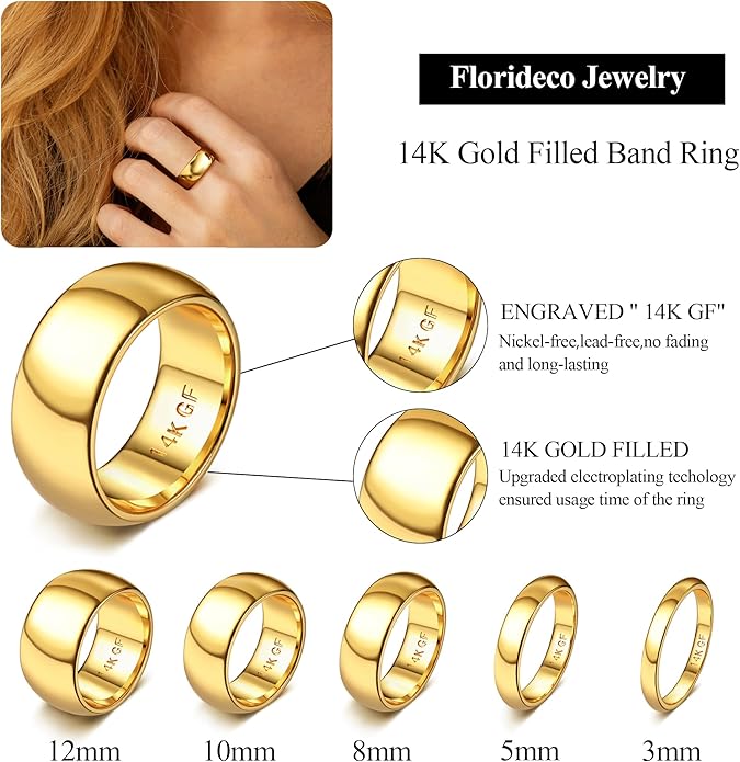 Florideco 14K Gold Filled Ring for Women Men Thick Thin Pinky Thumb Ring Wedding Band Ring Non Tarnish Plain Domed Comfort Fit Size 6 to 10