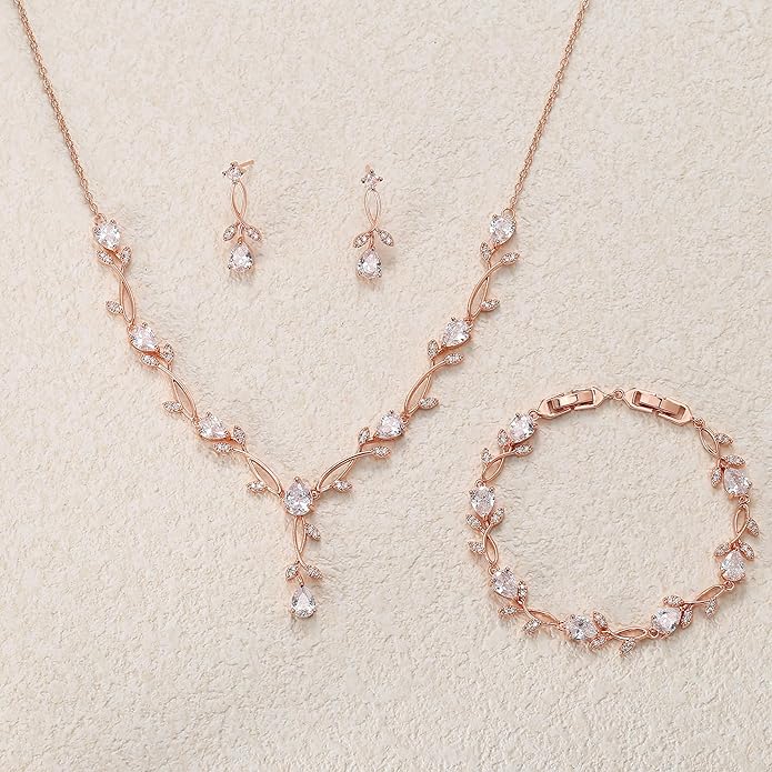 EVER FAITH Bridal Cubic Zirconia Jewelry Sets for Women, White Simulated Pearl Leaf Vine Pendant Wedding Party Necklace Earrings Set for Bridesmaid Bride