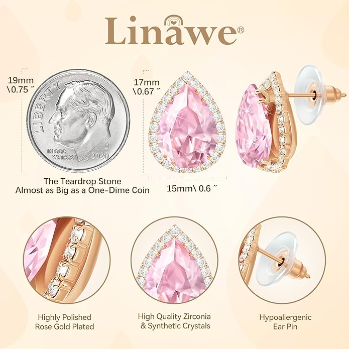 Linawe Women Stud Earrings, Teardrop Diamond Moissanite Cubic Zirconia Earrings Studs Rhinestone Jewelry Gold/Silver/Rose Gold