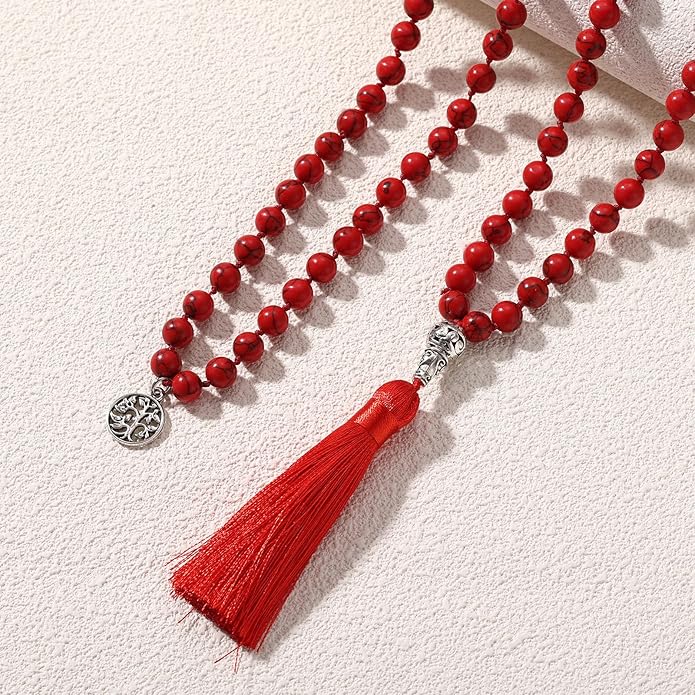 INBLUE 108 Mala Prayer Beads Wrap Necklace with Long Tassel Boho Necklace for Women Amazonite Bead Bracelet with Spiritual Tree of Life Pendant 108 Beads Necklace for Meditation