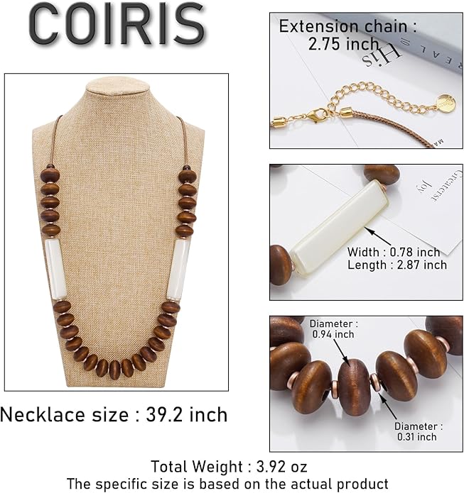 Coiris Layer Chunky Wood Beaded Necklace Exaggerated Statement Bead Collar Necklace Bib Necklaces