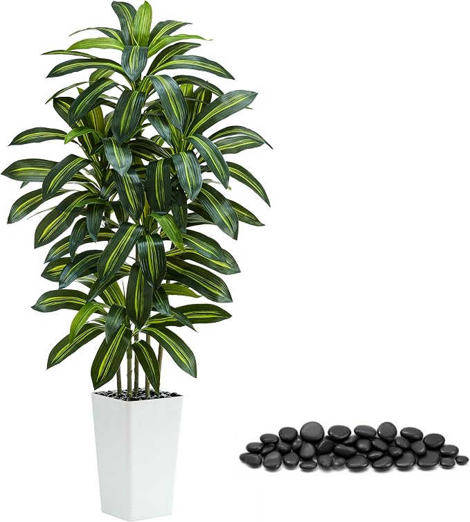 Artificial Dracaena Tree: 5FT Fake Plants Silk Faux Trees（White Pot） | by TNGGNT