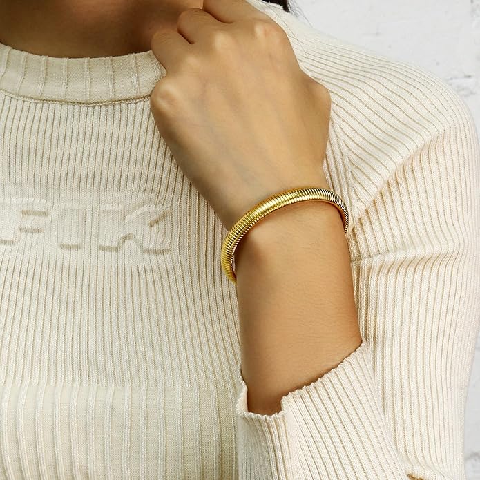 Gold Bangle Bracelets For Women Non Tarnish 14k Gold Plated Stackable Chunky Gold Bracelet Set Stretch Trendy Elastic Snake Chain Bracelet