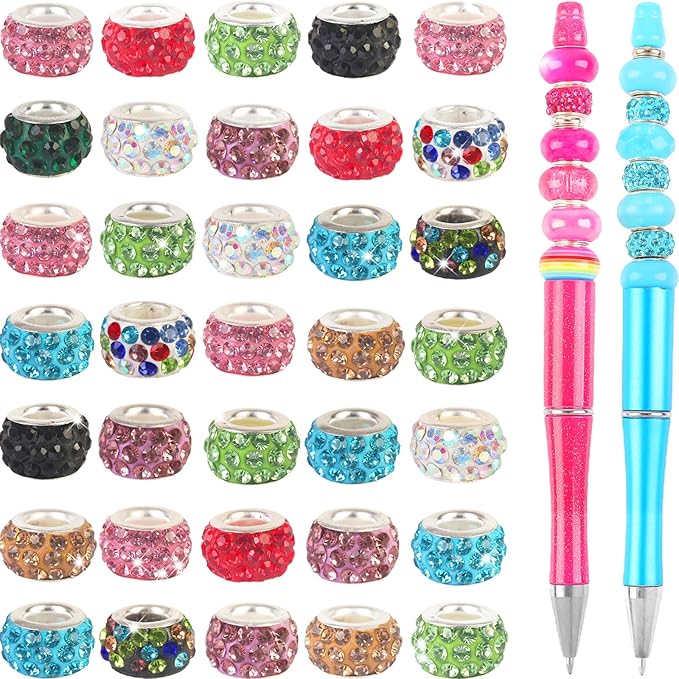 100Pcs Rhinestone Large Hole Beads Spacer Beads Mixcolor European Craft Big Beads Large Hole Rhinestones Lampwork Murano Bead Fairy Wand Garden Beads for DIY Bracelet Necklace Jewelry Making Supplies