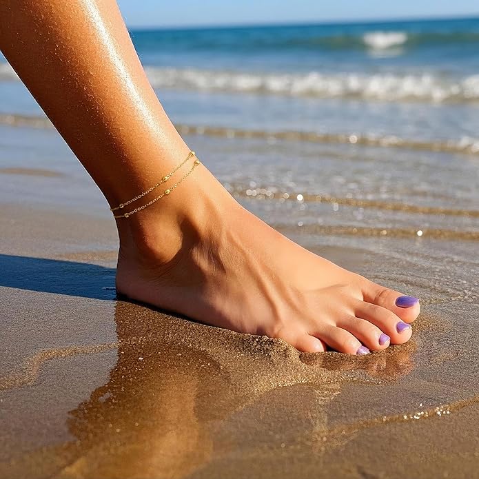 DEARMAY Dainty 14K Gold Plated Ankle Bracelets for Women, Waterproof 14K Gold Plated Link Chain Anklets Non Tarnish Set Pack Summer Beach Jewelry Gift
