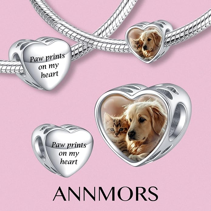Annmors Personalized Photo Charms For Bracelets/Necklace 925 Sterling Silver Love Heart Shaped Engraved Customize Picture Gift for Birthday Mother's Day,Bead Charms Jewelry for Women