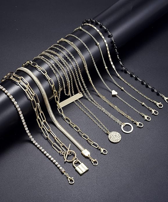12pcs Chain Gold Bead Necklace Coin Moon Star Pearl Pendant Chain Choker Multilayer Necklace Leather Cord Set for Women Men Adjustable Gold Tone