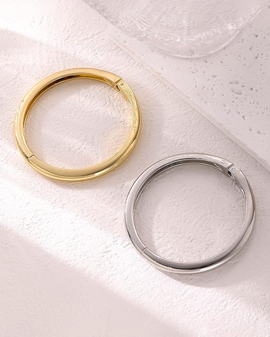2pcs Gold Bangle Bracelets for Women, Trendy Hinged Cuff Open Wide Chunky Gold Bracelet Stack Arm Cuff Jewelry for Women