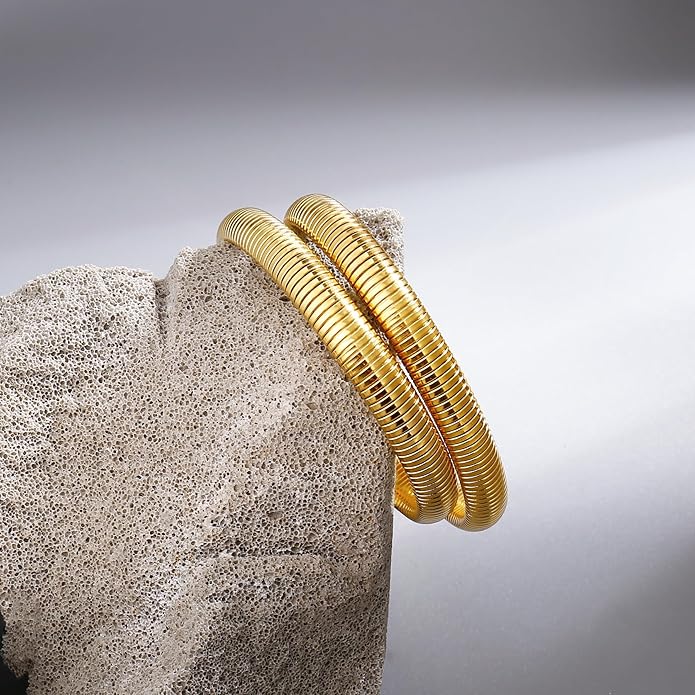 Gold Bangle Bracelets For Women Non Tarnish 14k Gold Plated Stackable Chunky Gold Bracelet Set Stretch Trendy Elastic Snake Chain Bracelet