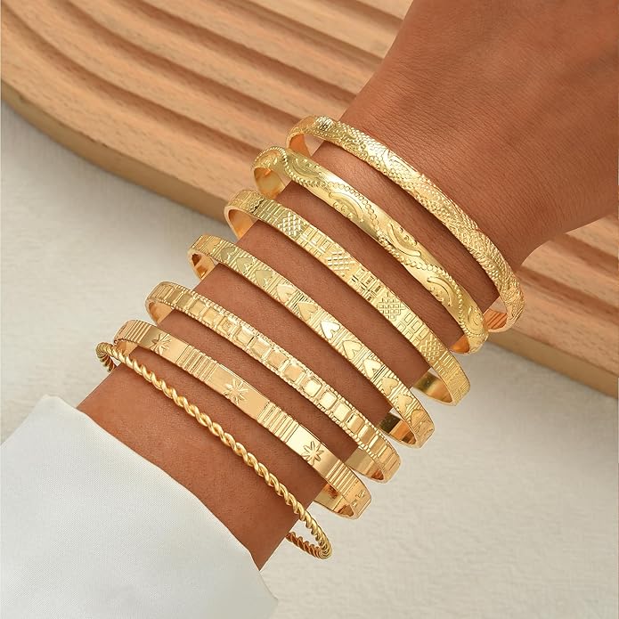 ÌF ME Gold Bangle Bracelets for Women, Indian Bangles Stackable Set, Multi Layer Textured 14K Gold Plated Chunky Bracelets Boho Jewelrys Set