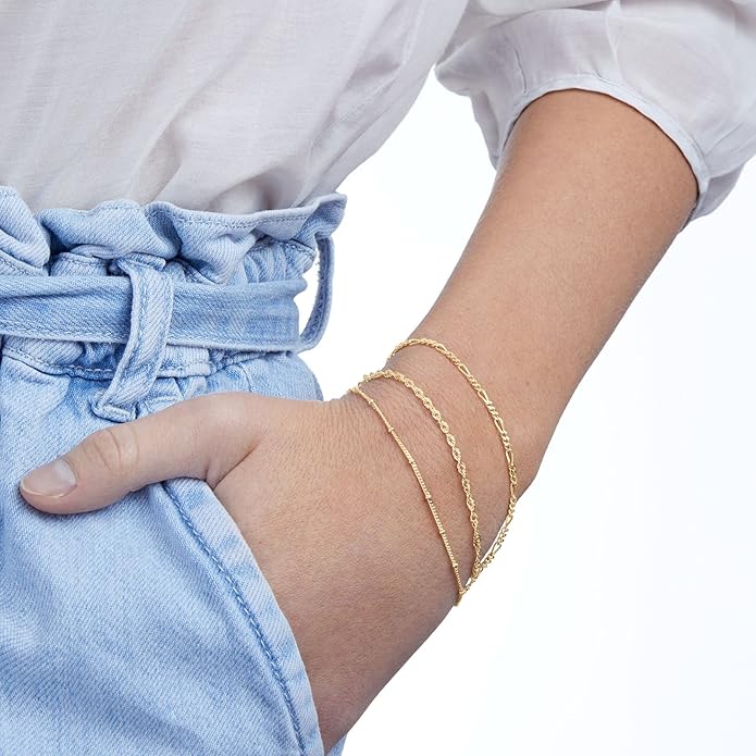 Amazon Essentials Set of Three Singapore, Figaro and Bead Station Chain Bracelet