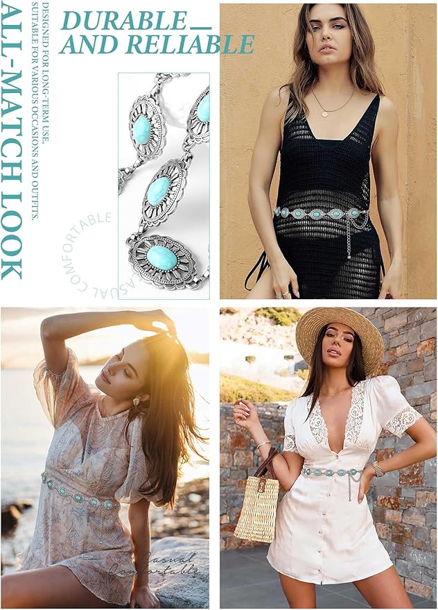 FIORETTO Metal Waist Chain Link Belt for Women Western Cowgirl Boho Turquoise Belts for Dress Jeans Country Concert Outfit