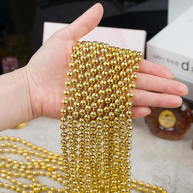 ZYFLSQ 100 Pcs 33" 7mm Metallic Gold Beads Necklaces, Bulk Mardi Gras Beaded Necklaces, Party Beads Costume Necklaces (Gold)