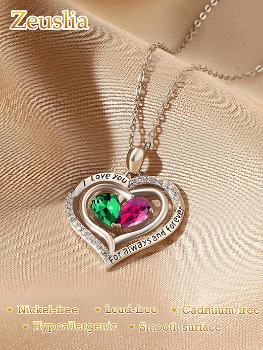 Valentine's Day Gifts for Wife 925 Sterling Silver Double Birthstone Pendant Necklaces I Love You for Always and Forever Necklace Anniversary Birthday Gifts for Wife Girlfriend Mom Her