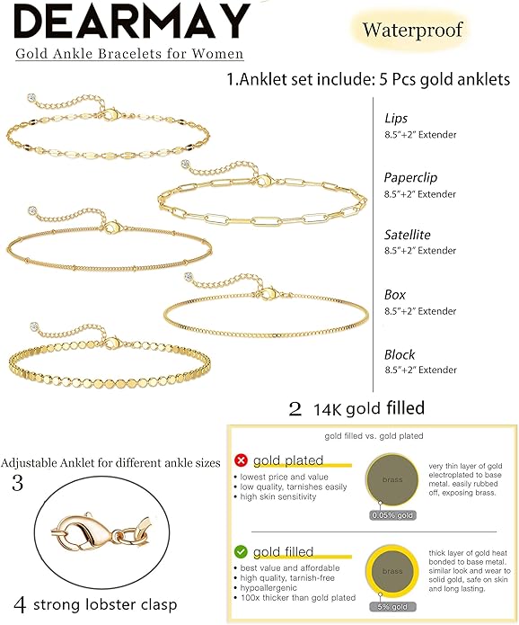 DEARMAY Dainty 14K Gold Plated Ankle Bracelets for Women, Waterproof 14K Gold Plated Link Chain Anklets Non Tarnish Set Pack Summer Beach Jewelry Gift
