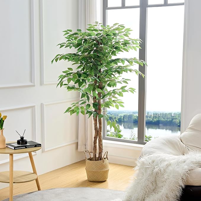 VECELO Ficus Tree Artificial 6 Feet, Tall Faux Tree in Pot, Fake Floor Plant - Image 2