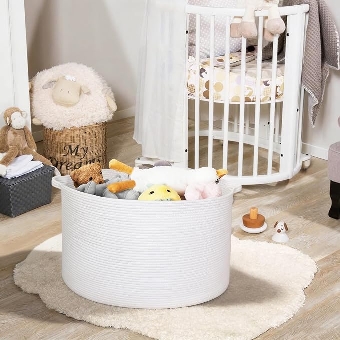 White Cotton Rope Storage Basket, XL Soft Toy Bin - Image 5