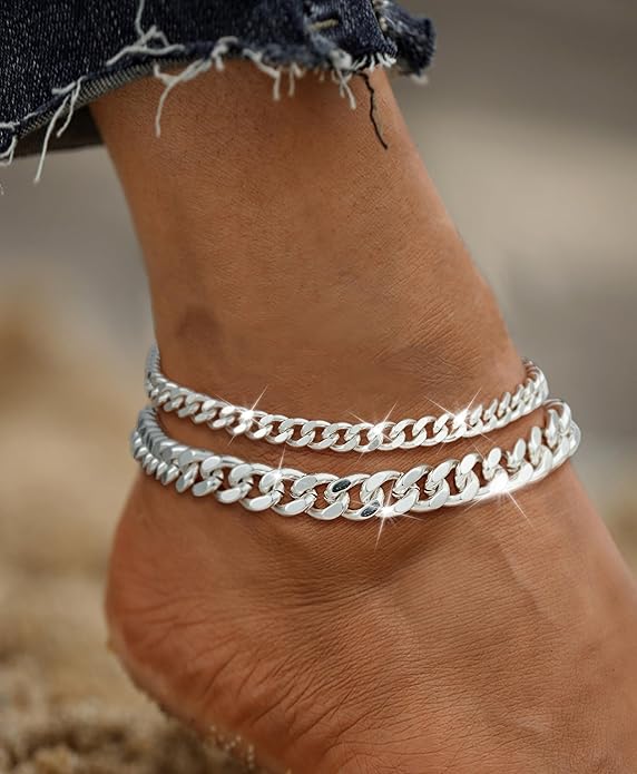 Gold Ankle Bracelets for Women Waterproof - Dainty Gold Anklets Trendy Layered 14K Gold/Silver Plated Stackable Chunky Cuban Link Chian Anklet Bracelet Set for Women Non Tarnish Jewelry Gift
