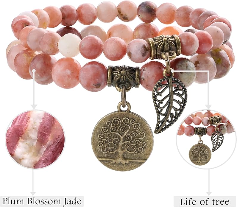 Bivei Natural Semi Precious Gemstone beads bracelet for women - Life Tree and Leaf Charm Energy Reiki Crystal Stretch Bracelets