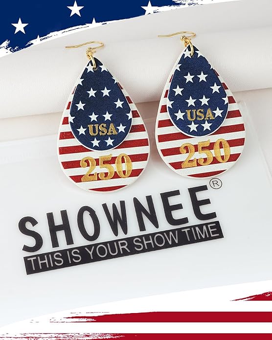 Gold Dangle Earrings for Women - American Flag Teardrop Earrings for 4th of July, Patriotic Independence Memorial Veterans Day Leather Cute Lightweight Fashion Jewelry USA 250th Celebration Gifts