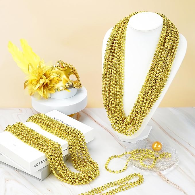 SHAOQINLIN 100 PCS Gold Bead Necklace, Gold Mardi Gras Christmas Beads Necklaces 33" Metallic Beaded Costume Necklaces Party Necklaces for Mardi Gras Parade Throws Wedding Birthday Pirate Party Favors
