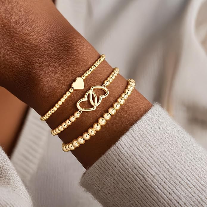 Turandoss Gold Bracelets for Women - Dainty 14K Gold Plated Bow Cross Beaded Bracelets for Women Stackable Heart Bead Bracelet Set Wave CZ Round Ball Bracelet Valentine's Day Gifts for Her