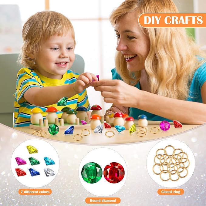 Chalyna 60 Pcs Acrylic Diamond Gem Jewelry Alloy Gold Round Ring Set Halloween Party Favor Pirate Treasure Hunting Cake Decor with Gift Bag for Birthday (Fresh Style)