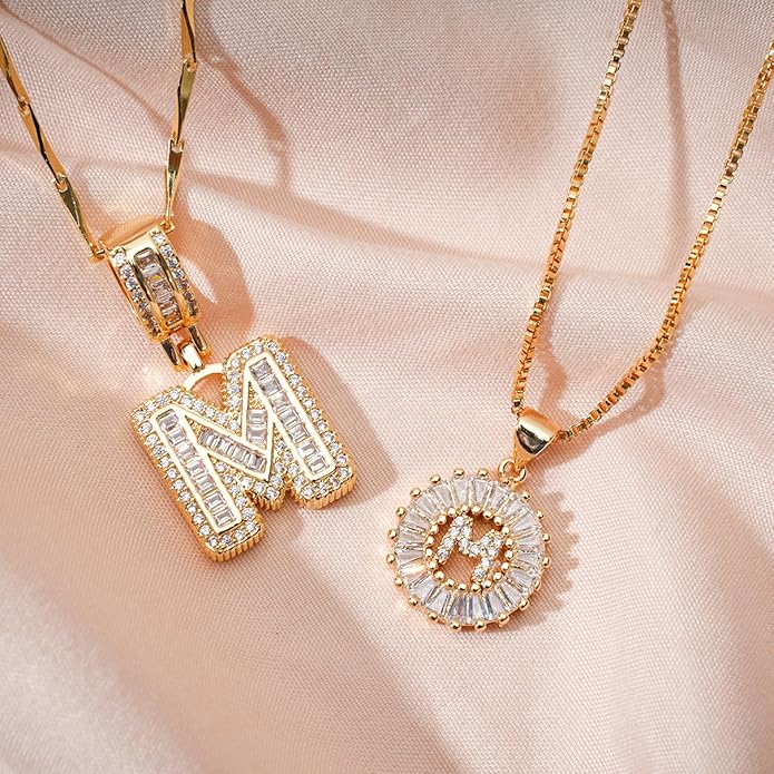 Letter Necklace 14k Gold Plated Bling Dainty Necklaces Trendy Chunky Custom Name Necklace Personalized Round Circle Pendant Zirconia Letters Name Crystal Jewelry Gifts for Women