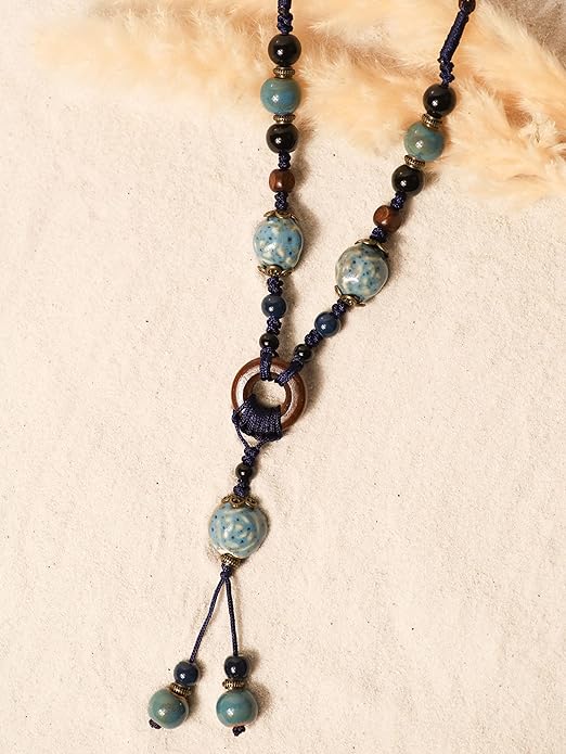 MINACHI Boho Hippie Colorful Ceramic Beads Strand O Ring Circle Charm Long Y Necklace, Vintage Bohemian Statement Jewelry Gift for Women