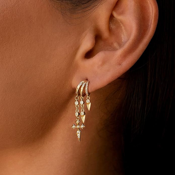 Dangle Earrings For Women,Dainty 14K Gold Plated Hypoallergenic Small Triple Huggie Hoop Earring Gothic Cute Cross Moon Star Drop Earrings For Women Trendy Gold Statement Stud Earring Jewelry