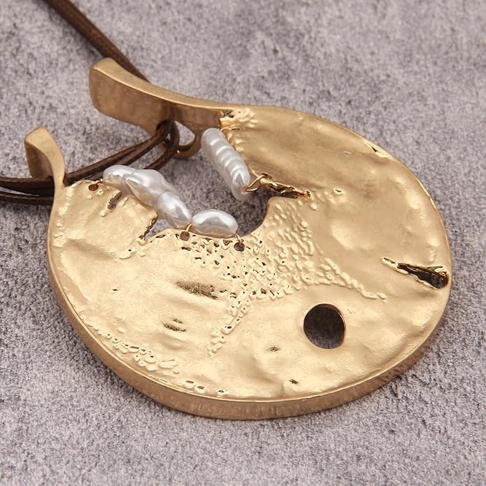 GelConnie Leather Necklace for Women Large Pendant Long Brown Necklace Circle Leather Choker Vintage Sweater Necklace Gold Chunky Boho Necklaces for Women