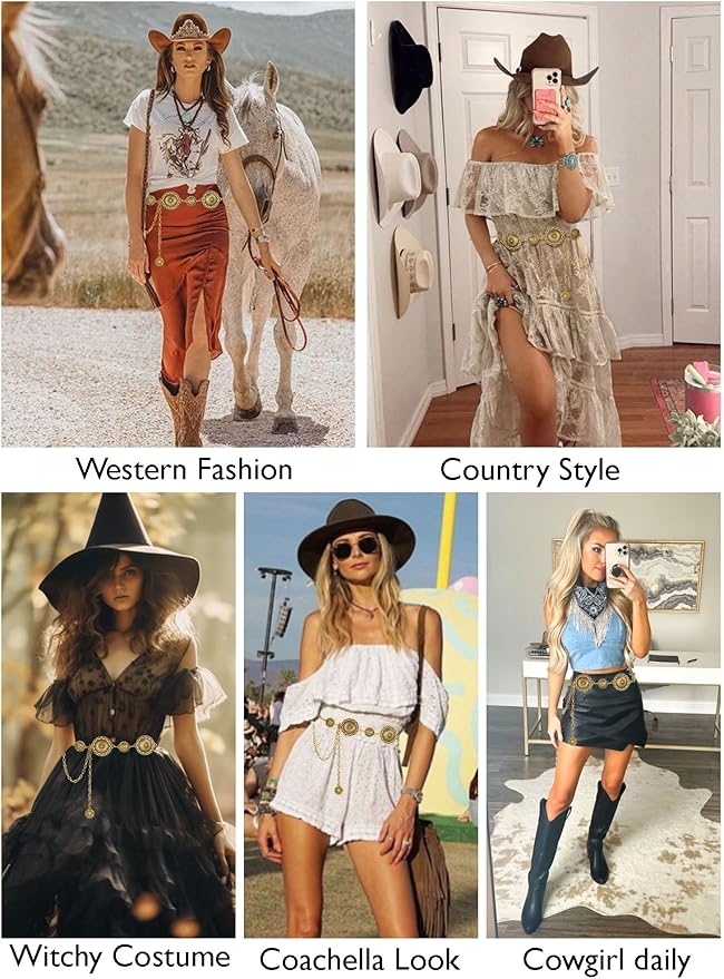FIORETTO Metal Waist Chain Link Belt for Women Western Cowgirl Boho Turquoise Belts for Dress Jeans Country Concert Outfit