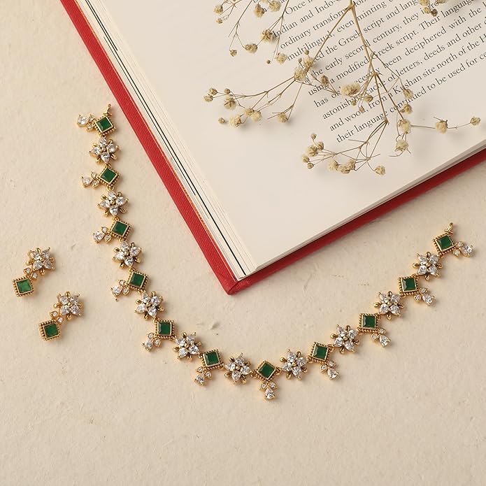 TARINIKA Green and White Cubic Zirconia(CZ) Indian Necklace Set with Earrings, Gold Plated Brass Fashion Indian Jewelry Gift for Women Bollywood Costume Jewellery