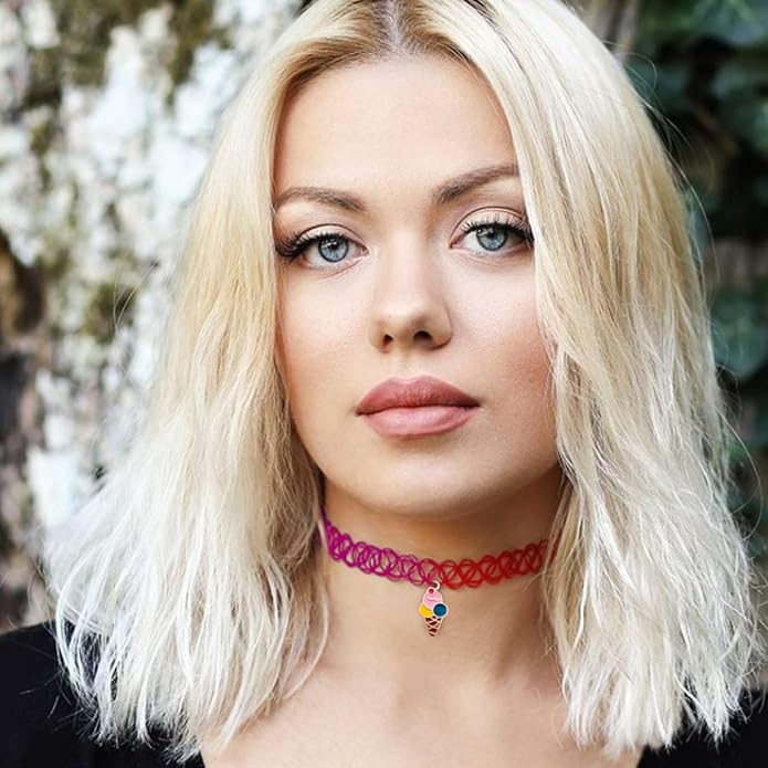 BodyJ4You 2PC Tattoo Choker Necklace - 90s Choker Necklace Women - 2000s Y2K Black Chokers Rainbow Choker - Butterfly Ying Yang Unicorn Rainbow Charms - Stretchy Elastic Necklace