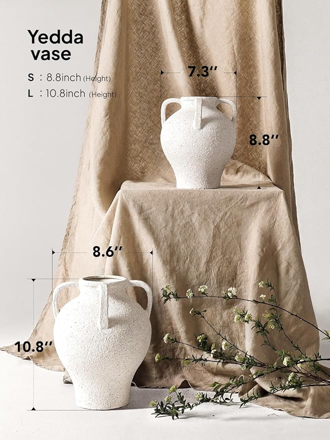 White Ceramic Vase with 4 Handles, 8.8 Inch, Farmhouse Rustic | Decorative - Image 3